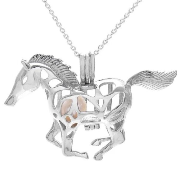BEAUTIFUL 925 STERLING SILVER GALLOPING MUSTANG HORSE PEARL CAGE PENDANT. - Picture 4 of 6